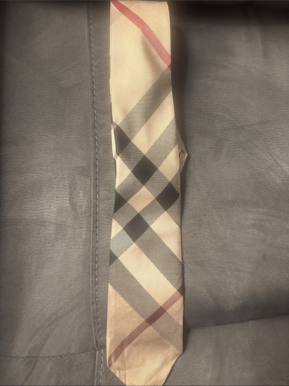 Burberry Beige Plaid Men's Silk Tie with Black and Red Accents